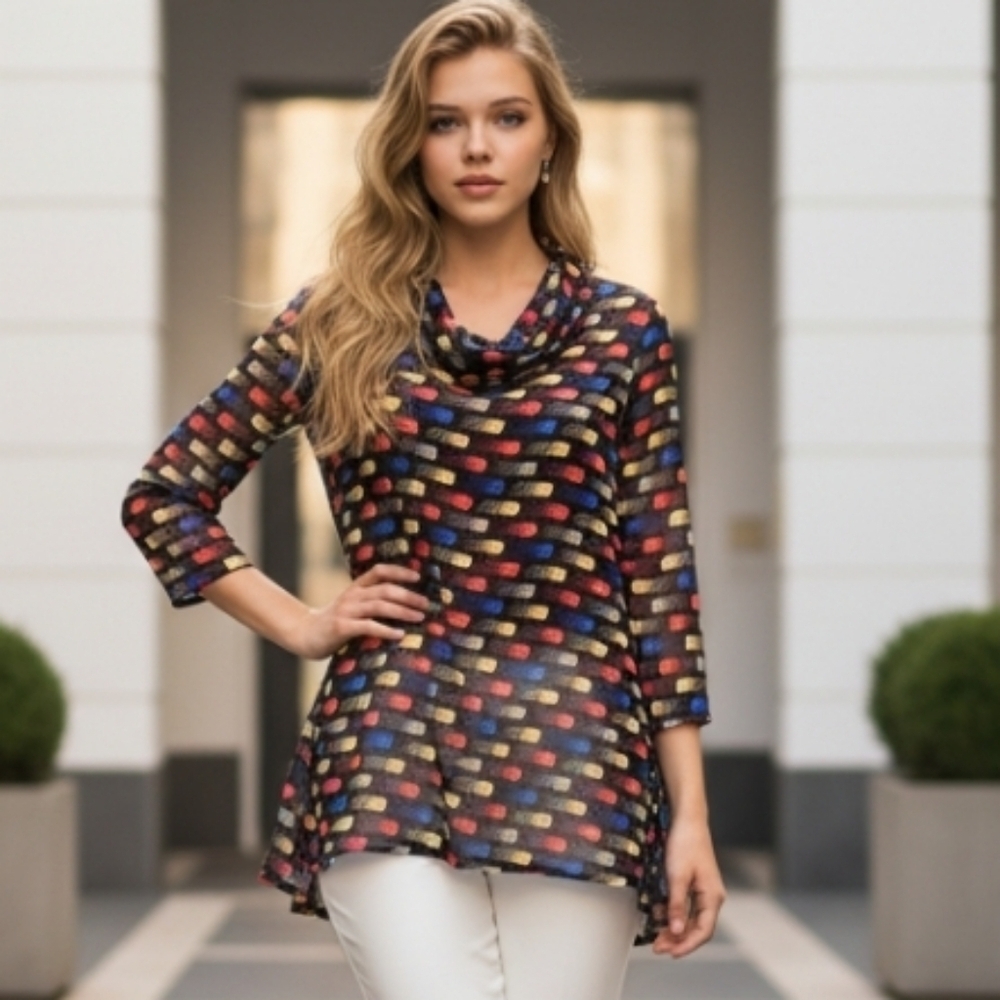 Max & Rina Women's Long Sleeve Sheer‎ Multi-Colored Tunic Top Size Medium